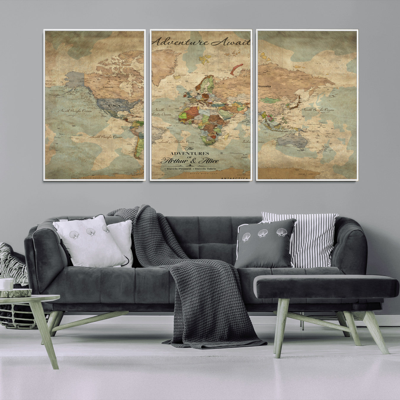 Rehber01-MGV-CV-36X24-Personalized Vintage World Map Canvas Print – Custom Push Pin Travel Map Antique Style Gift for Couples Travelers for Home Office