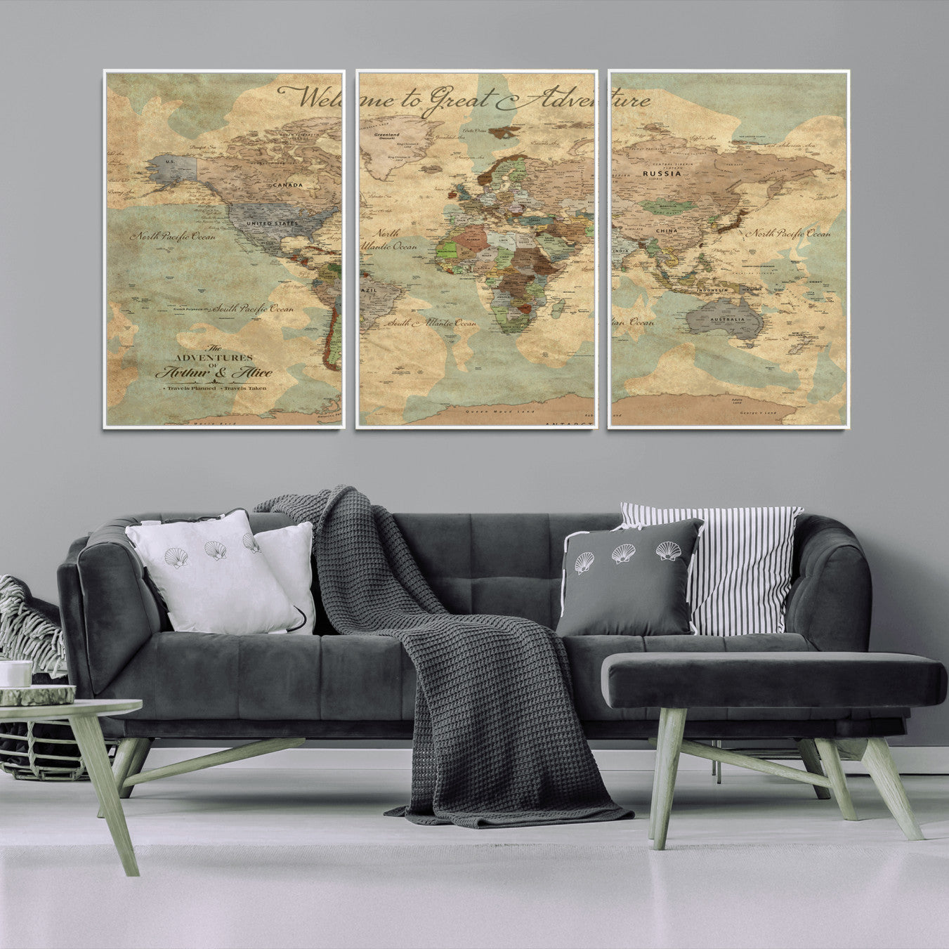 Rehber01-MGV-CV-36X24-Personalized World Map Canvas – Custom Framed Push Pin Travel Map Wall Art, Vintage Style Gift for Couples or Families