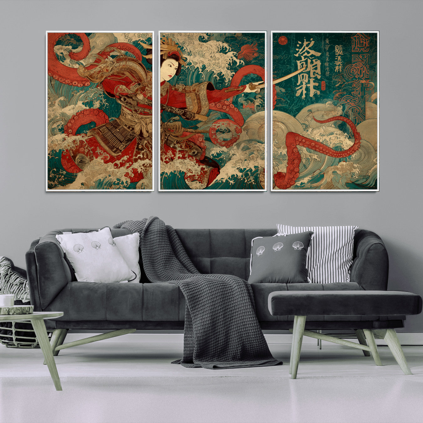MGV-FC-60X30-3P - Tsukioka Yoshitoshi Samurai Wall Art Print, Japanese Katana Warrior Canvas Wall Art, Octopus Sea Monster Canvas Print,