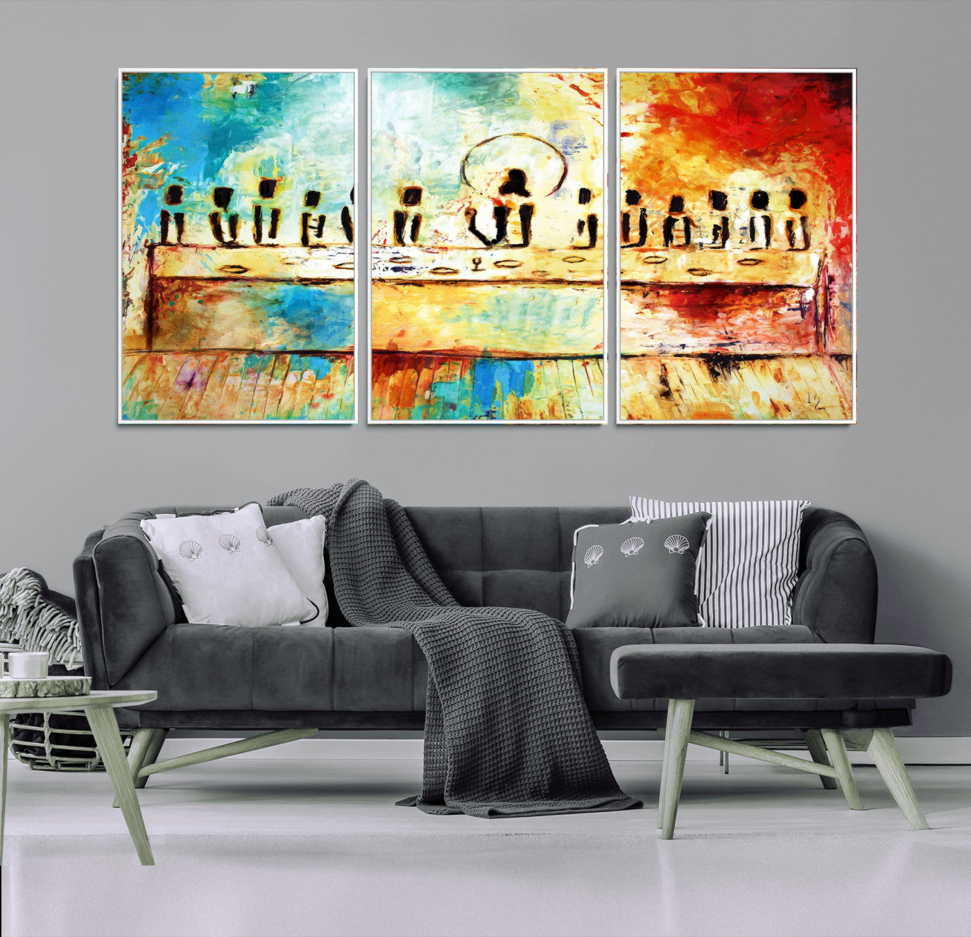YKE34632598CR-MGV-CV-36X24-Abstract Last Supper Wall Art Canvas Print – Apostles Gathering Modern Spiritual Colorful Artwork for home, office