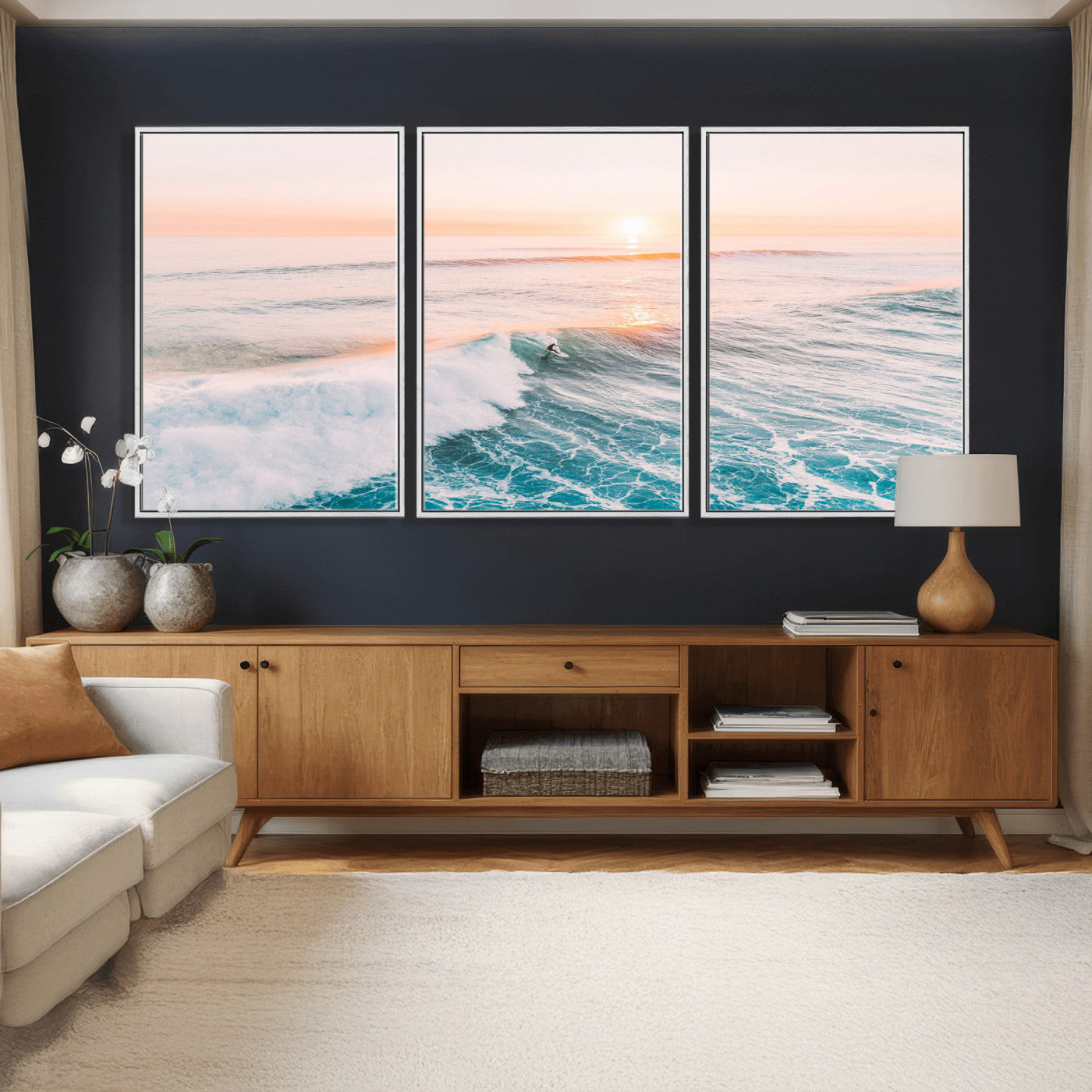 34064591-MGV-CV-36X24 - Sunset Surfing Wall Art Canvas Print, Ocean Wave Surfer with Golden Sky Artwork for Home, Office, Living Room