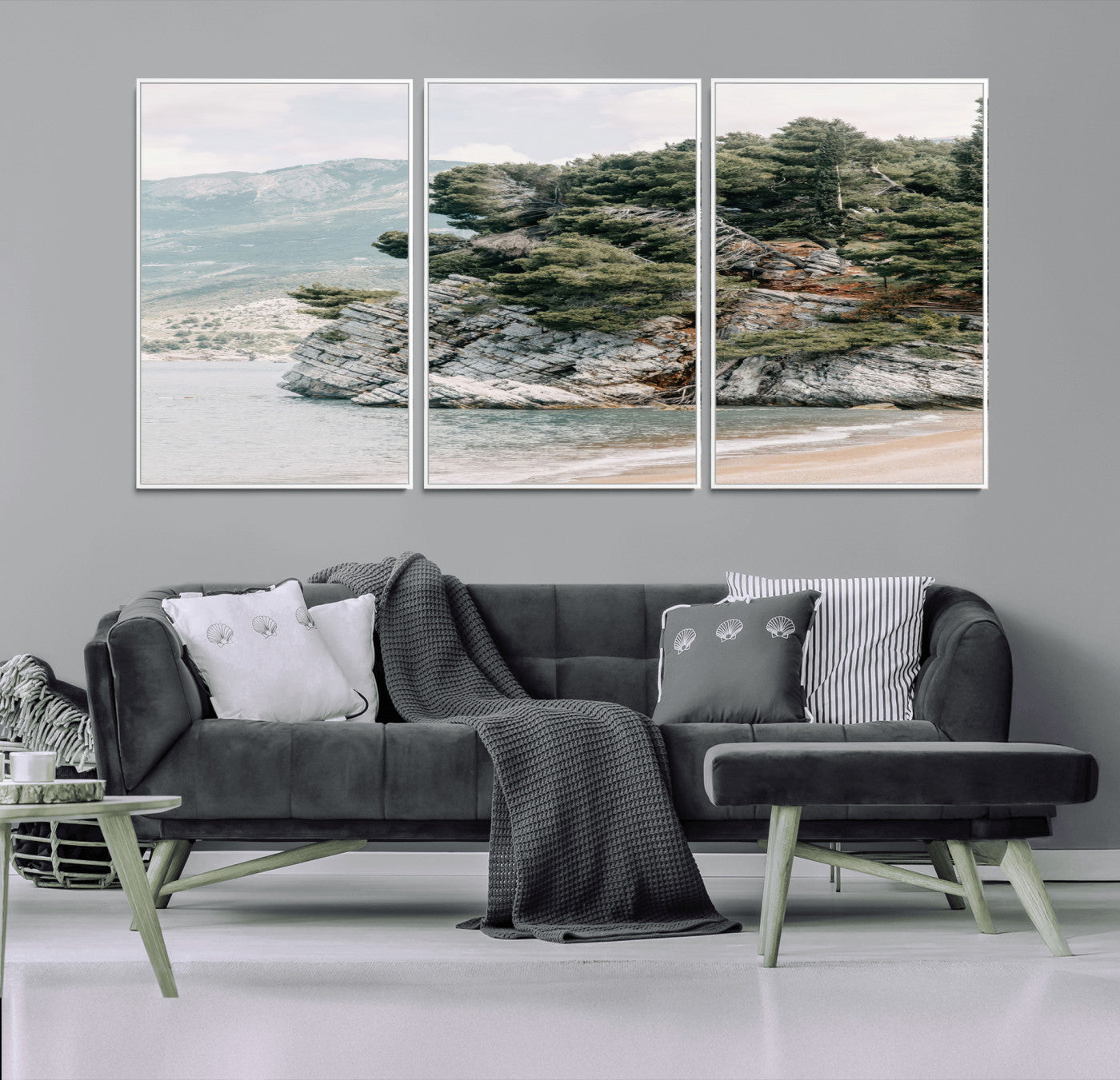 MGV-FC-60X30-3P - Coastal Rock Canvas Wall Art Print, Scenic Beach Landscape, Pine Trees on Rocky Cliff, Large Nature