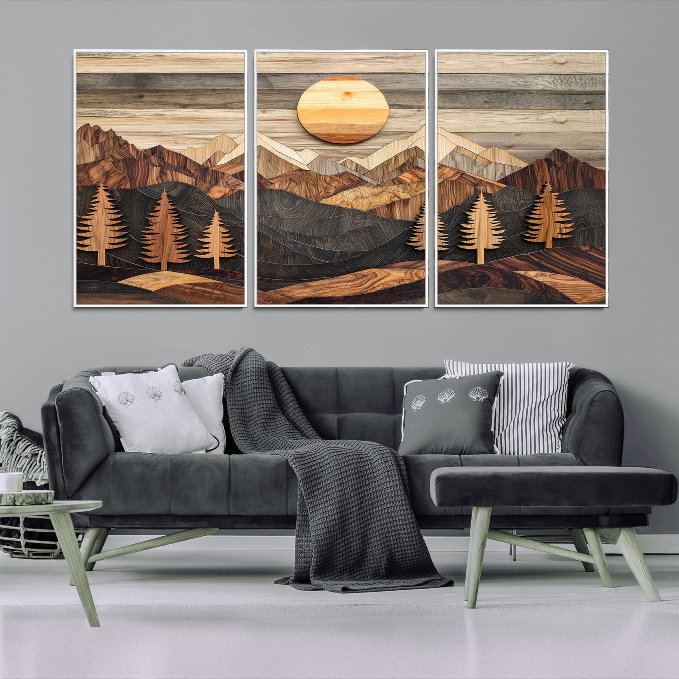 MGV-FC-60X30-3P - Wooden Mountain Layers Canvas Wall Art – Rustic Pine Tree Landscape with Sunlight Artistic Nature