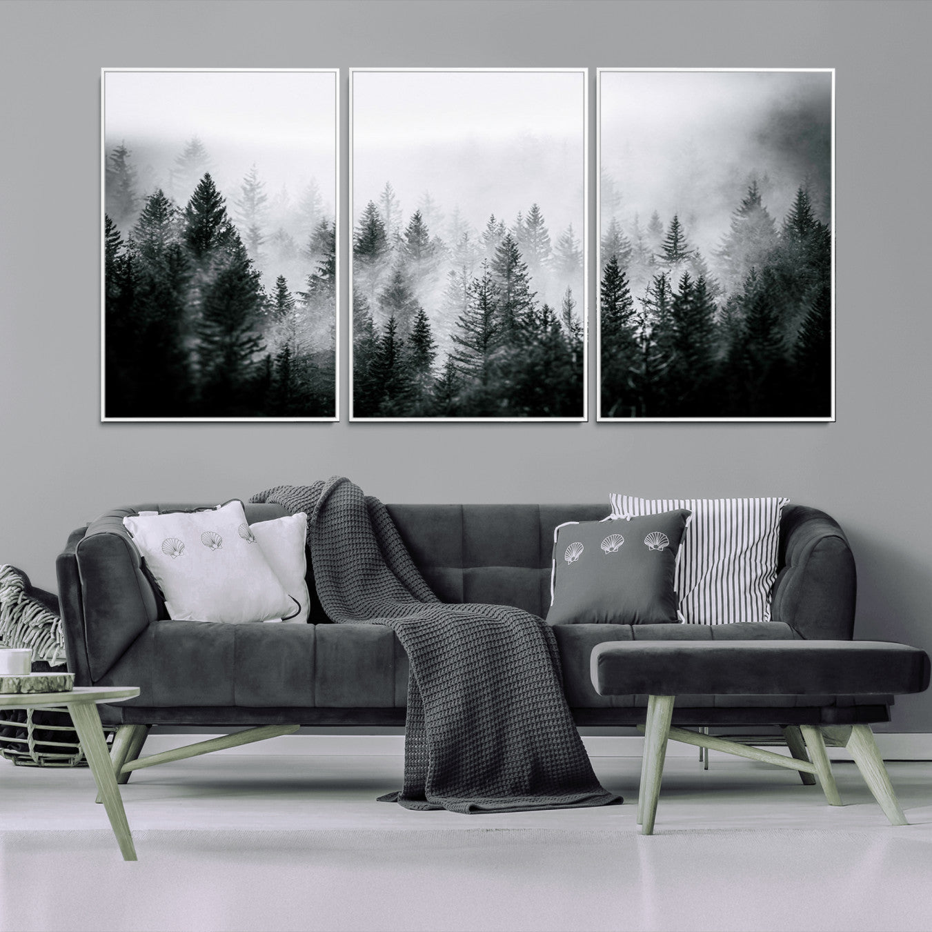 MGV-FC-60X30-3P - Foggy Pine Forest Canvas Wall Art – Black and White Nature Landscape Print, Horizontal Canvas for