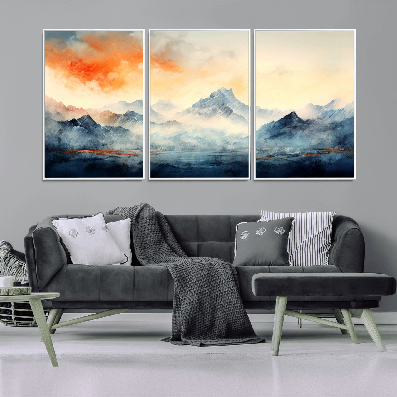 WRM1005-MGV-FC-60X30-3P - Warm Clouds Abstract Mountain Wall Art, Modern Landscape Canvas Print, Minimal Framed Artwork for Home, Office