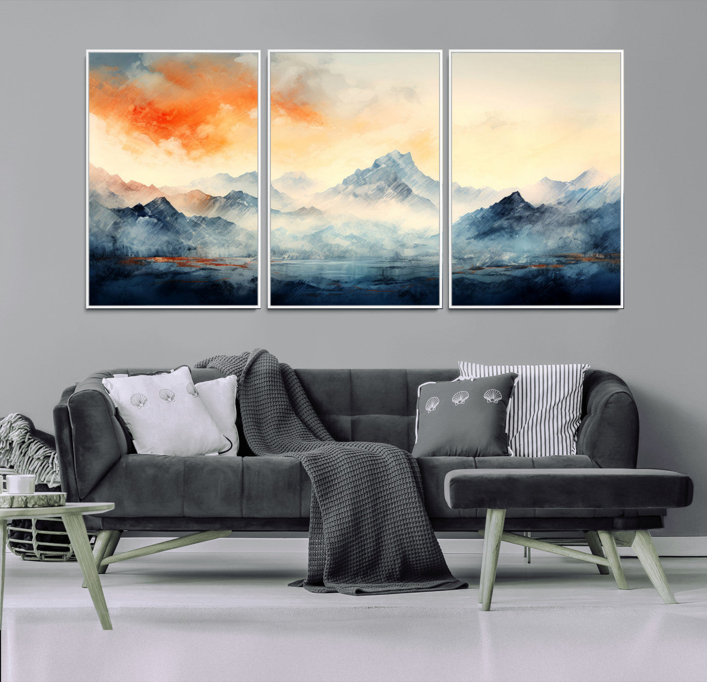 WRM1005-MGV-FC-60X30-3P - Warm Clouds Abstract Mountain Wall Art, Modern Landscape Canvas Print, Minimal Framed Artwork for Home, Office