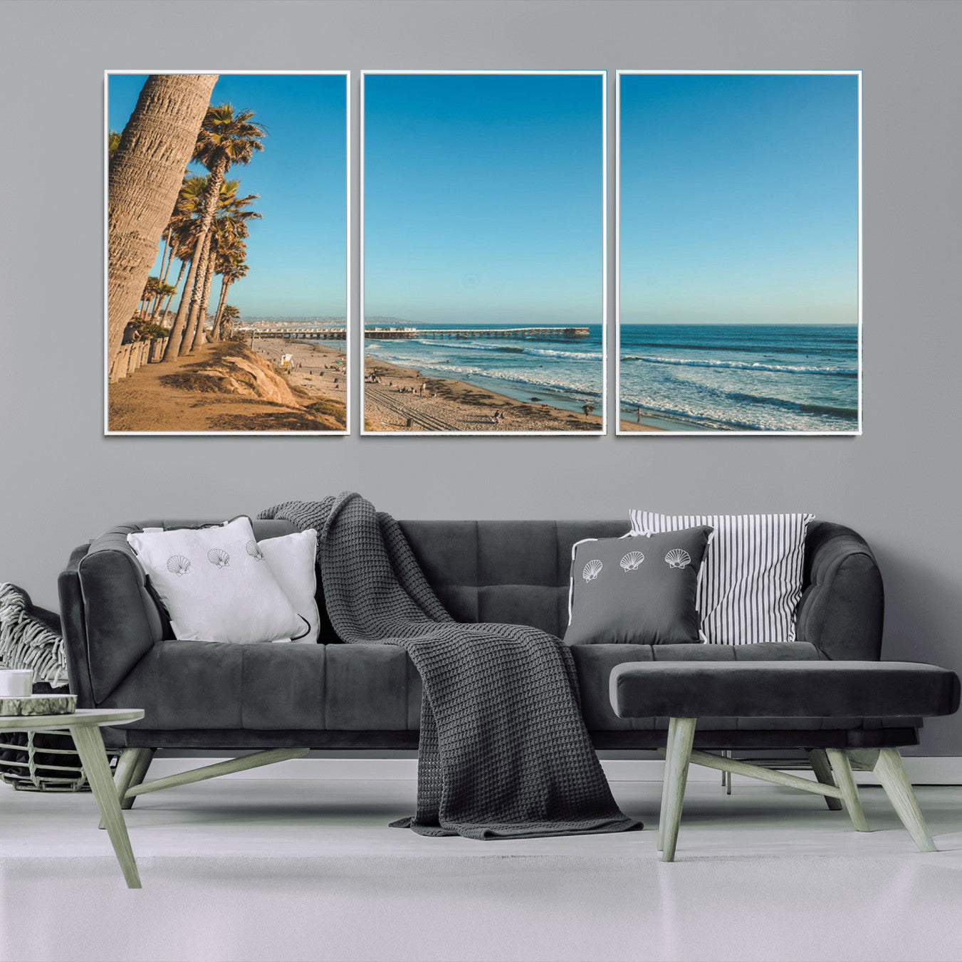 MGV-FC-60X30-3P - Scenic Beach with Tall Palm Trees, Sandy Shore, and Long Pier Stretching into the Calm Ocean Under