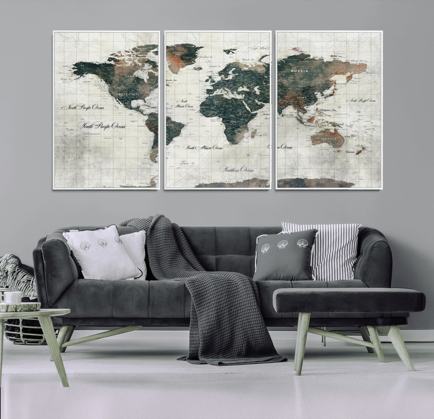 90149079-MGV-FC-60X30-3P - World Map Wall Art Canvas Print, Modern Decorative Framed Map Artwork Prints for Living Room, Office, Bedroom Wall Decor