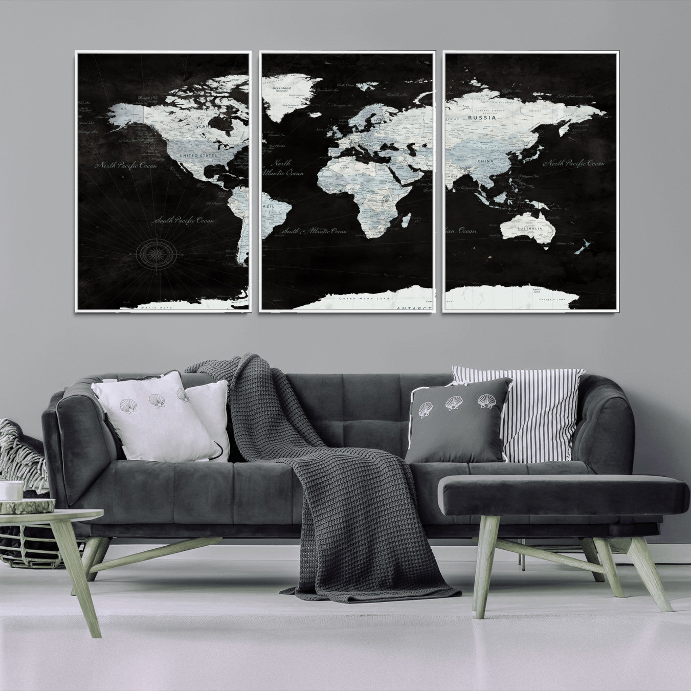 30759283-MGV-FC-60X30-3P - World Map Wall Art Canvas Print, Modern Decorative Framed Map Artwork Prints for Living Room, Office, Bedroom Wall Decor