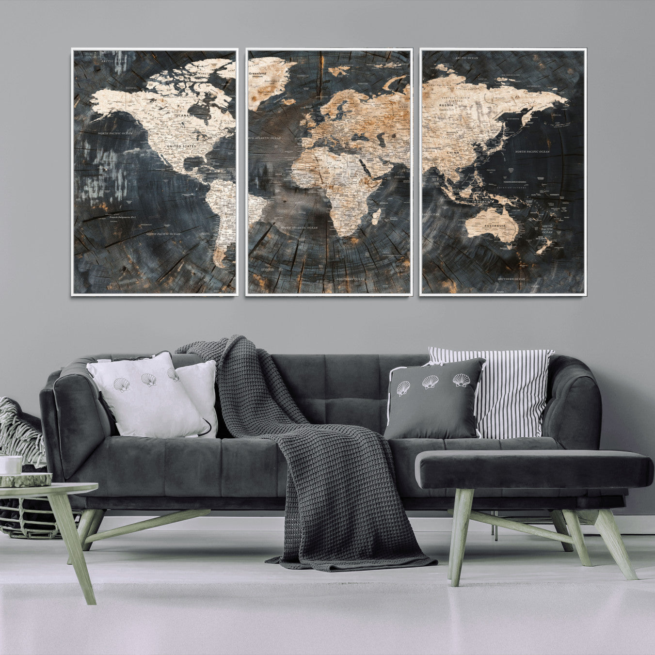 57626704-MGV-FC-60X30-3P - World Map Wall Art Canvas Print, Modern Decorative Framed Map Artwork Prints for Living Room, Office, Bedroom Wall Decor