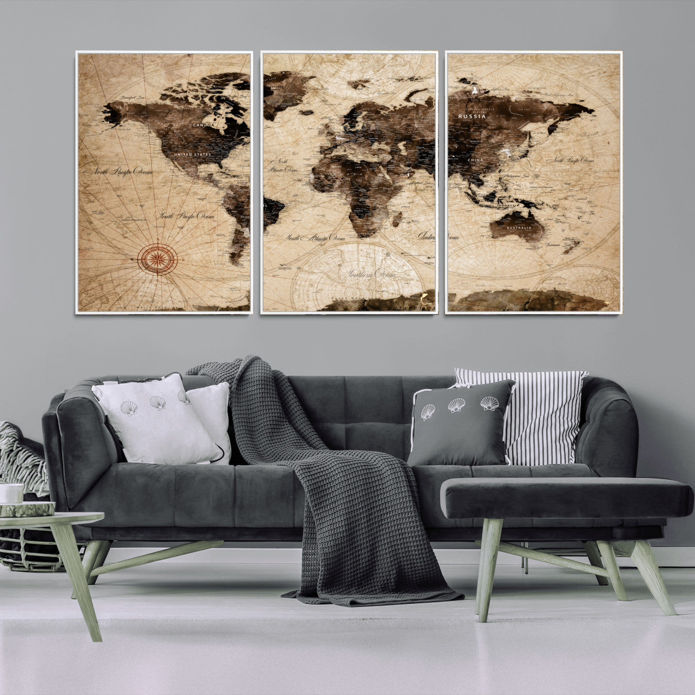 97114757-MGV-FC-60X30-3P - World Map Wall Art Canvas Print, Modern Decorative Framed Map Artwork Prints for Living Room, Office, Bedroom Wall Decor