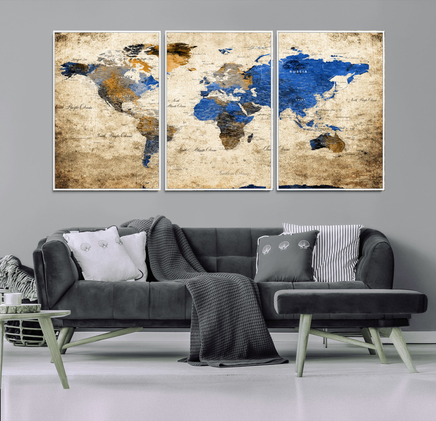 13564339-MGV-FC-60X30-3P - World Map Wall Art Canvas Print, Modern Decorative Framed Map Artwork Prints for Living Room, Office, Bedroom Wall Decor