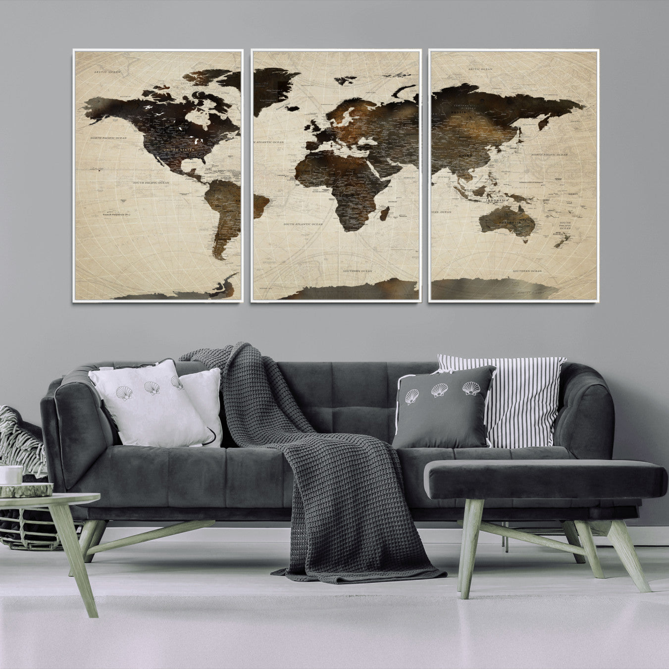 81771296-MGV-FC-60X30-3P - World Map Wall Art Canvas Print, Modern Decorative Framed Map Artwork Prints for Living Room, Office, Bedroom Wall Decor