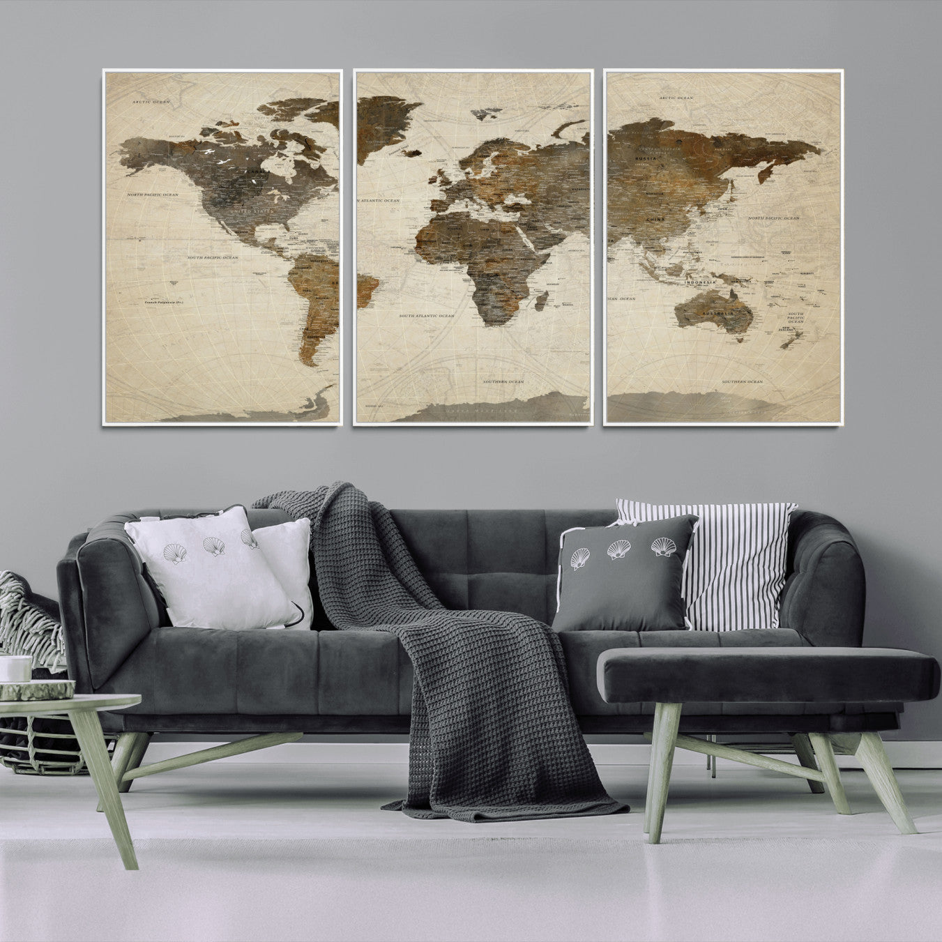 91849163-MGV-FC-60X30-3P - World Map Wall Art Canvas Print, Modern Decorative Framed Map Artwork Prints for Living Room, Office, Bedroom Wall Decor