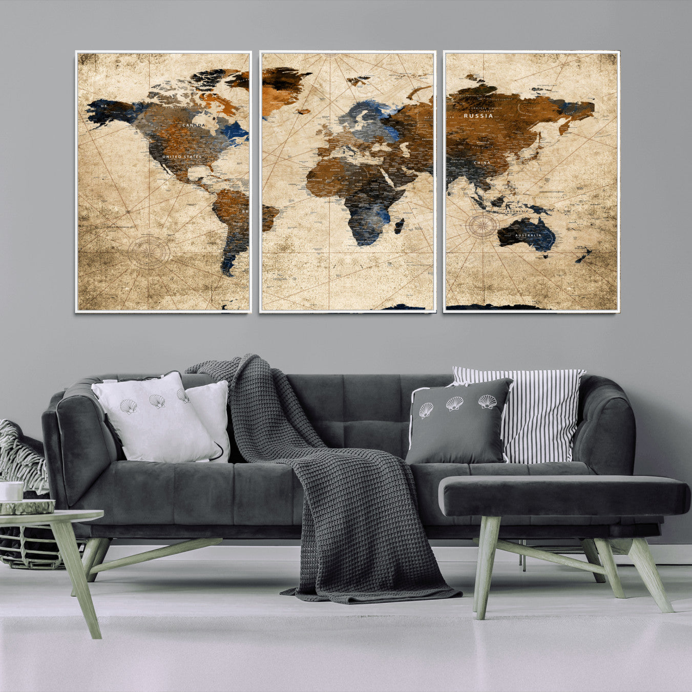 56297284-MGV-FC-60X30-3P - World Map Wall Art Canvas Print, Modern Decorative Framed Map Artwork Prints for Living Room, Office, Bedroom Wall Decor