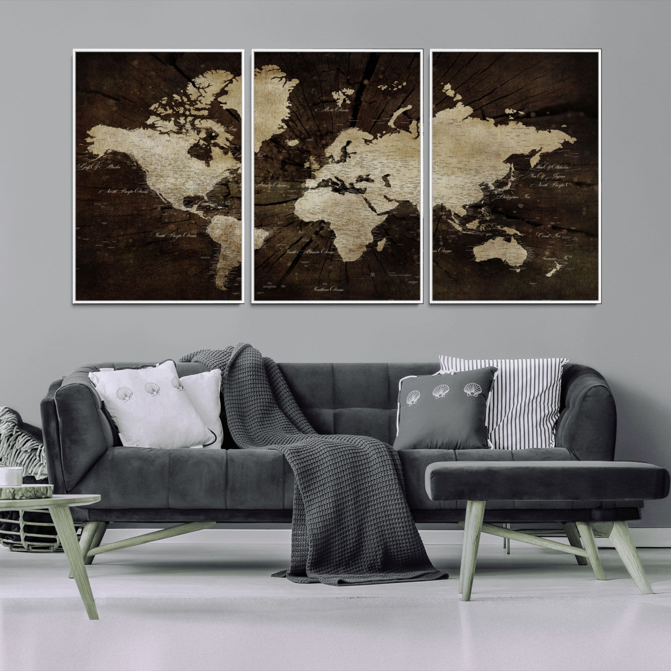 24010397-MGV-FC-60X30-3P - World Map Wall Art Canvas Print, Modern Decorative Framed Map Artwork Prints for Living Room, Office, Bedroom Wall Decor