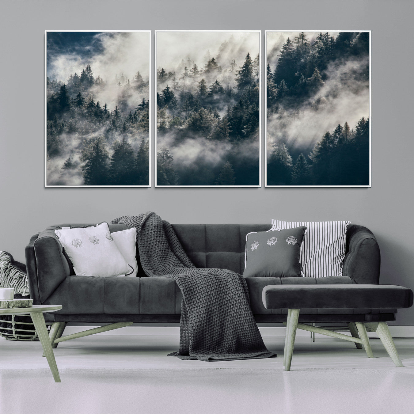 270372951-MGV-FC-60X30-3P - Misty Pine Forest Canvas Wall Art – Dark Forest Mountaing and Nature Landscape Print, Horizontal Canvas Print
