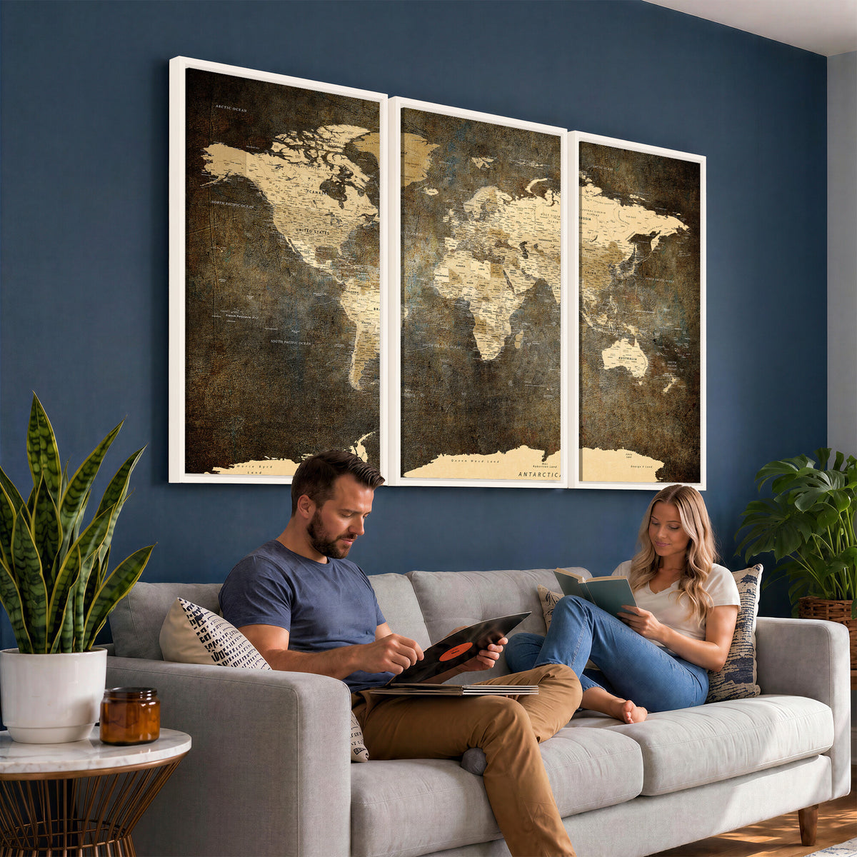 89742472-MGV-CV-36X24 - Large Framed Vintage World Map Wall Art Print for Home Wall
