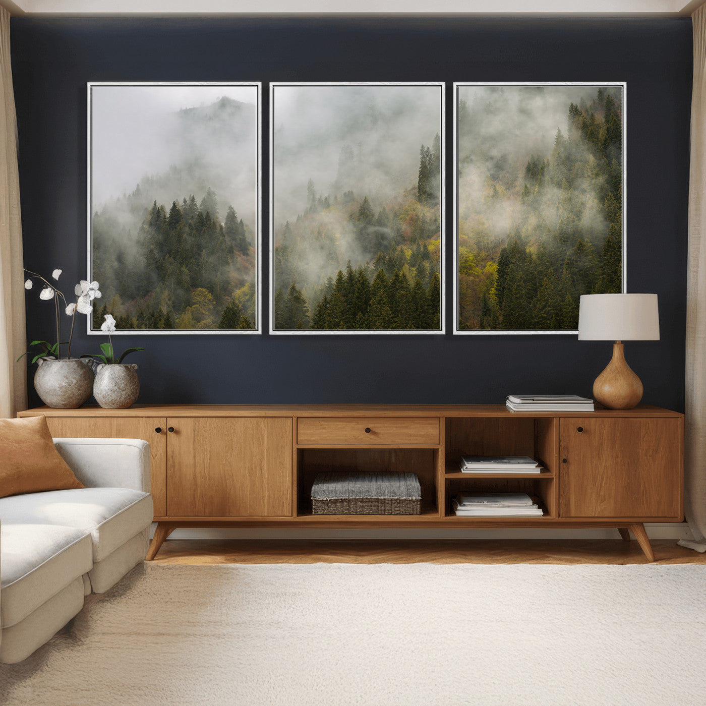 31152954-MGV-CV-36X24 - Misty Mountain Forest Canvas Print, Foggy Pine Trees Nature Wall Art, Framed Canvas Ready to Hang