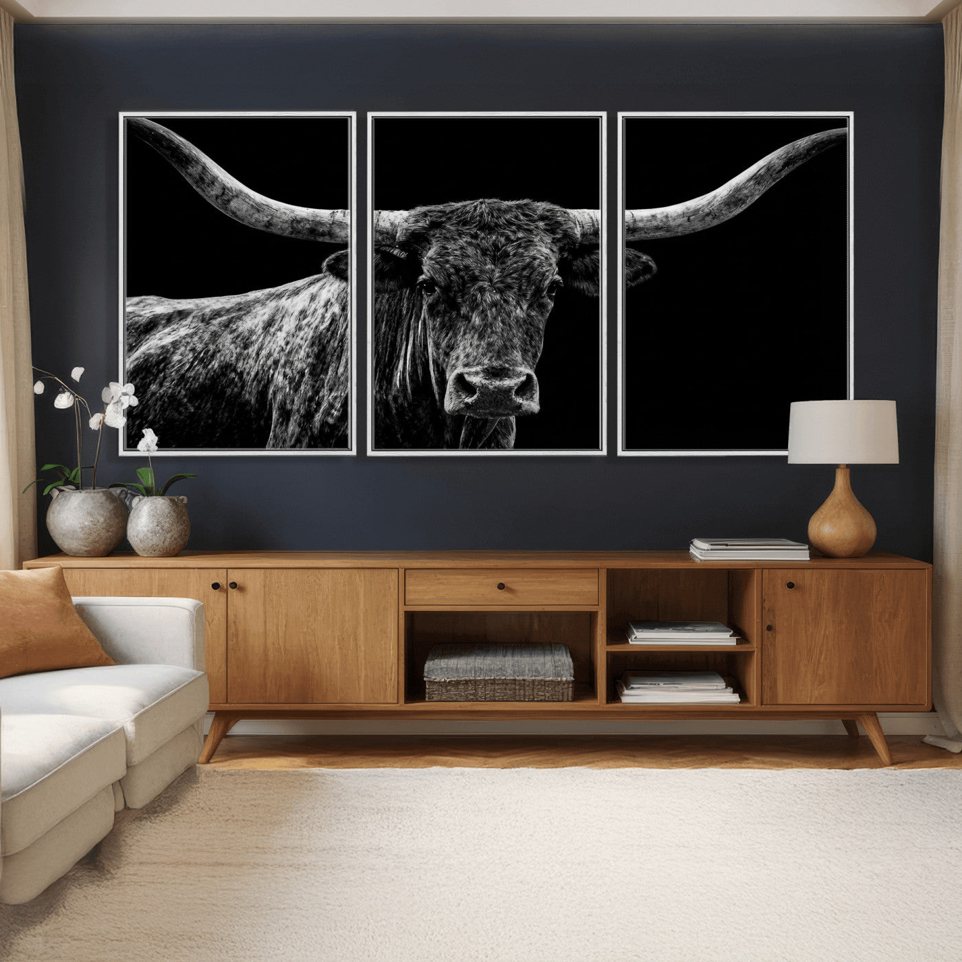 86568508-MGV-CV-36X24 - Vintage Texas Longhorn Bull Wall Art Canvas Print, Texas Cow Portrait Print, Framed Bull Wall Art Ready to Hang