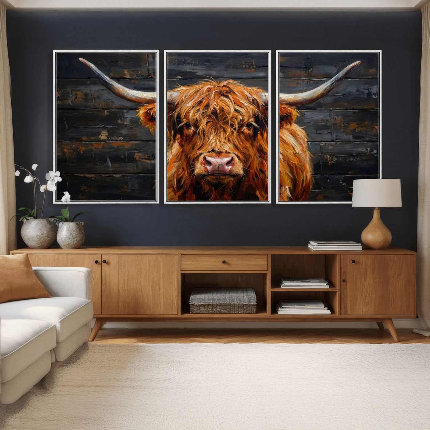 32536611-MGV-CV-36X24 - Highland Cow Wall Art Canvas Print, Rustic Farm Animal Painting, Framed Wall Art Ready to Hang