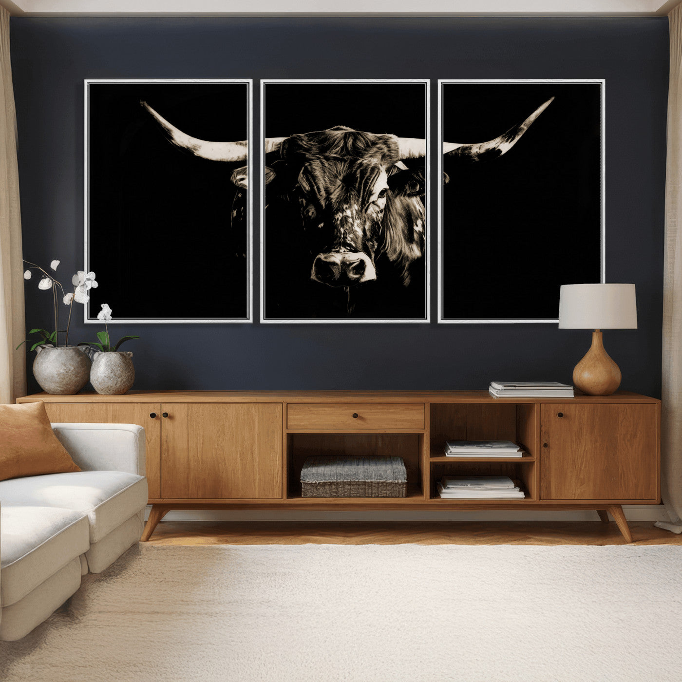 75774468-MGV-CV-36X24 - Black Bull Wall Art Canvas Print, Dark Longhorn Portrait Photography, Framed Wall Art Ready to Hang