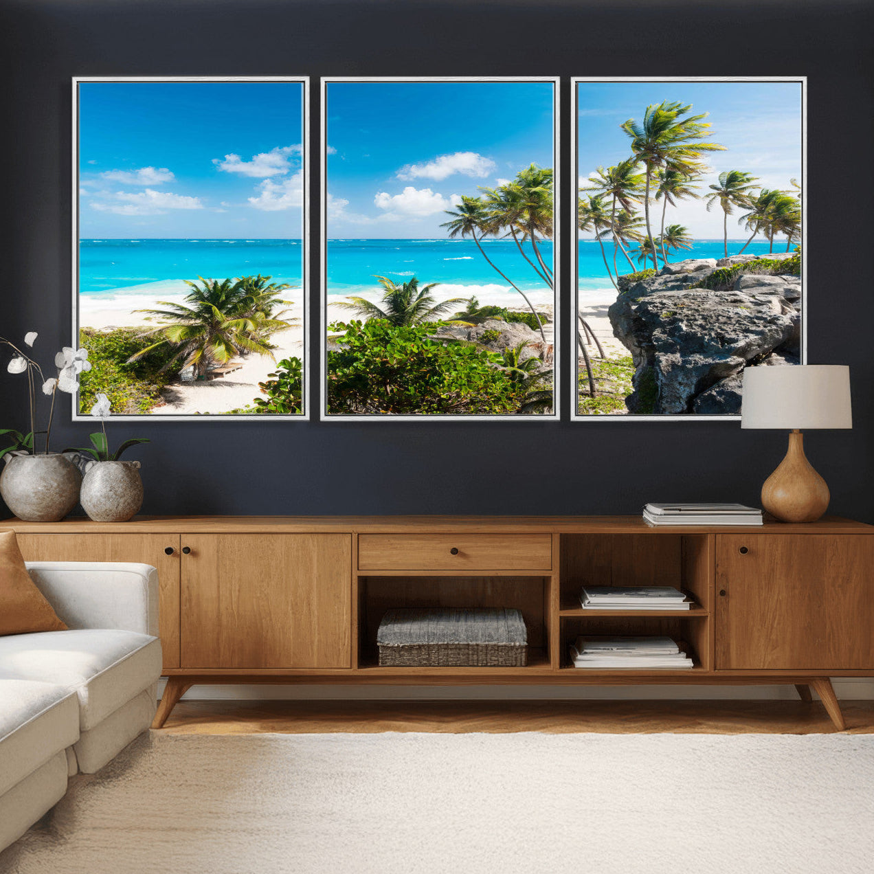 79995168-MGV-CV-36X24 - Barbados Beach Wall Art Canvas Print, Palm Tree Ocean Landscape, Turquoise Sea Coastal Photography, Tropical Island Wall Decor, Framed Ready to Hang