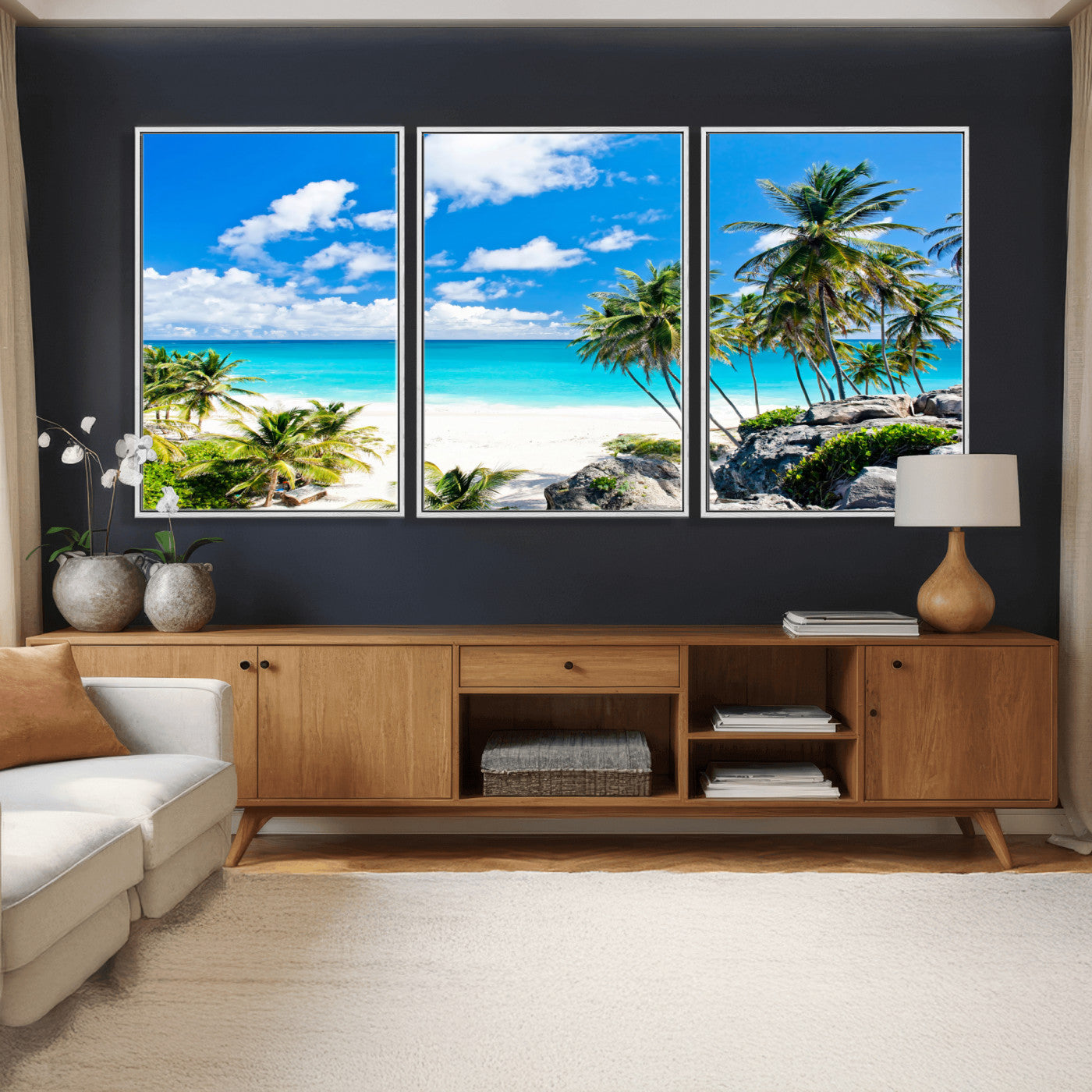 29232878-MGV-CV-36X24 - Barbados Beach Wall Art Canvas Print, Palm Tree Ocean Landscape, Turquoise Sea Coastal Photography, Tropical Island Wall Decor, Framed Ready to Hang