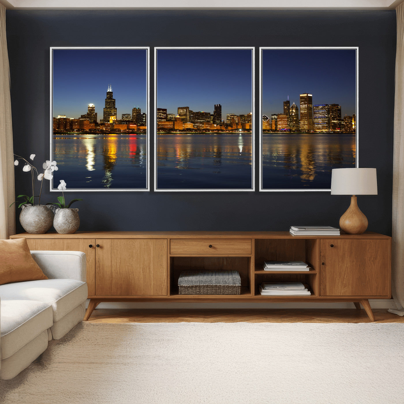 67308035-MGV-CV-36X24 - Chicago Wall Art Canvas Print, Chicago City Downtown Night Cityscape Print for Modern Urban Wall Decor