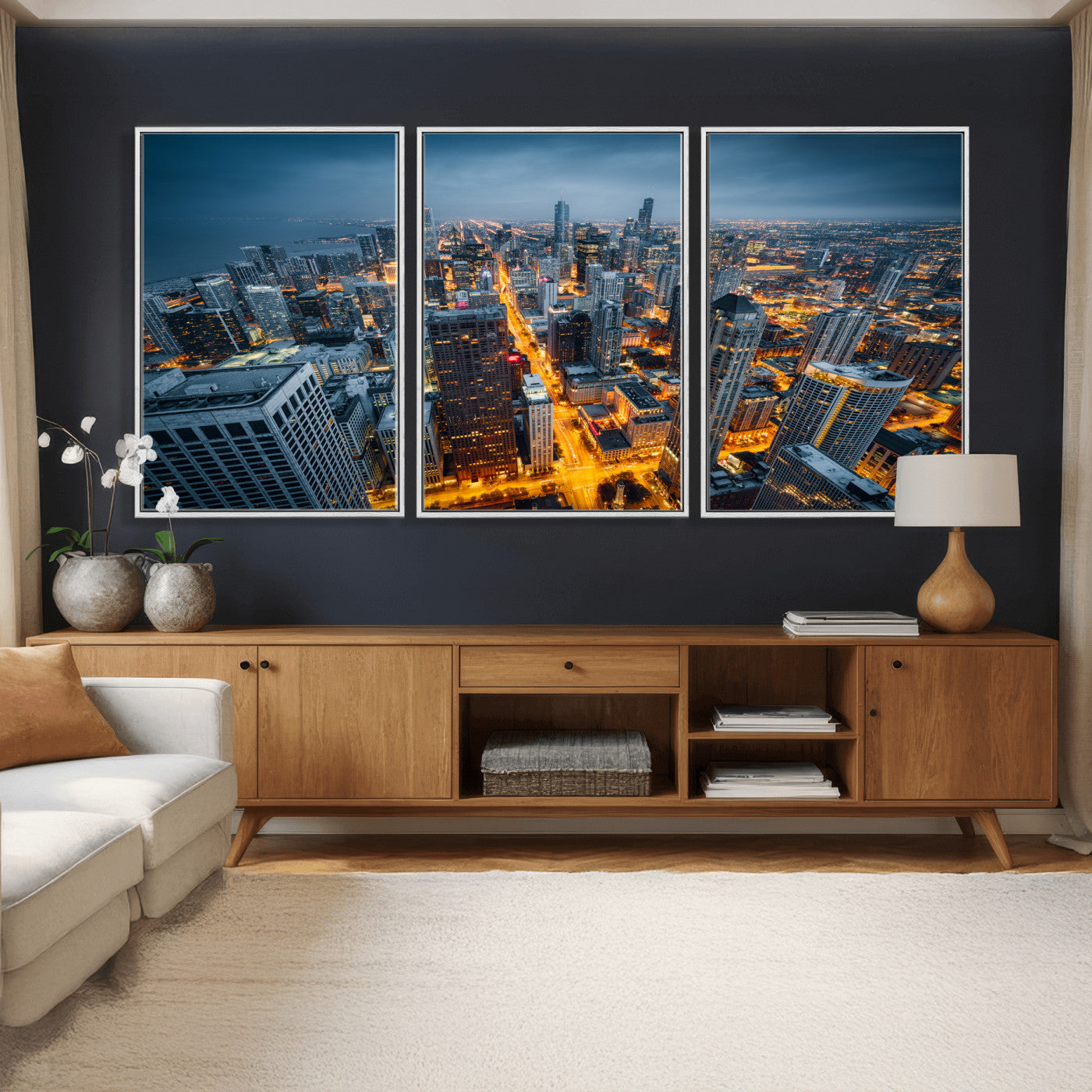 81742538-MGV-CV-36X24 - Chicago Wall Art Canvas Print, Chicago City Downtown Night Cityscape Print for Modern Urban Wall Decor