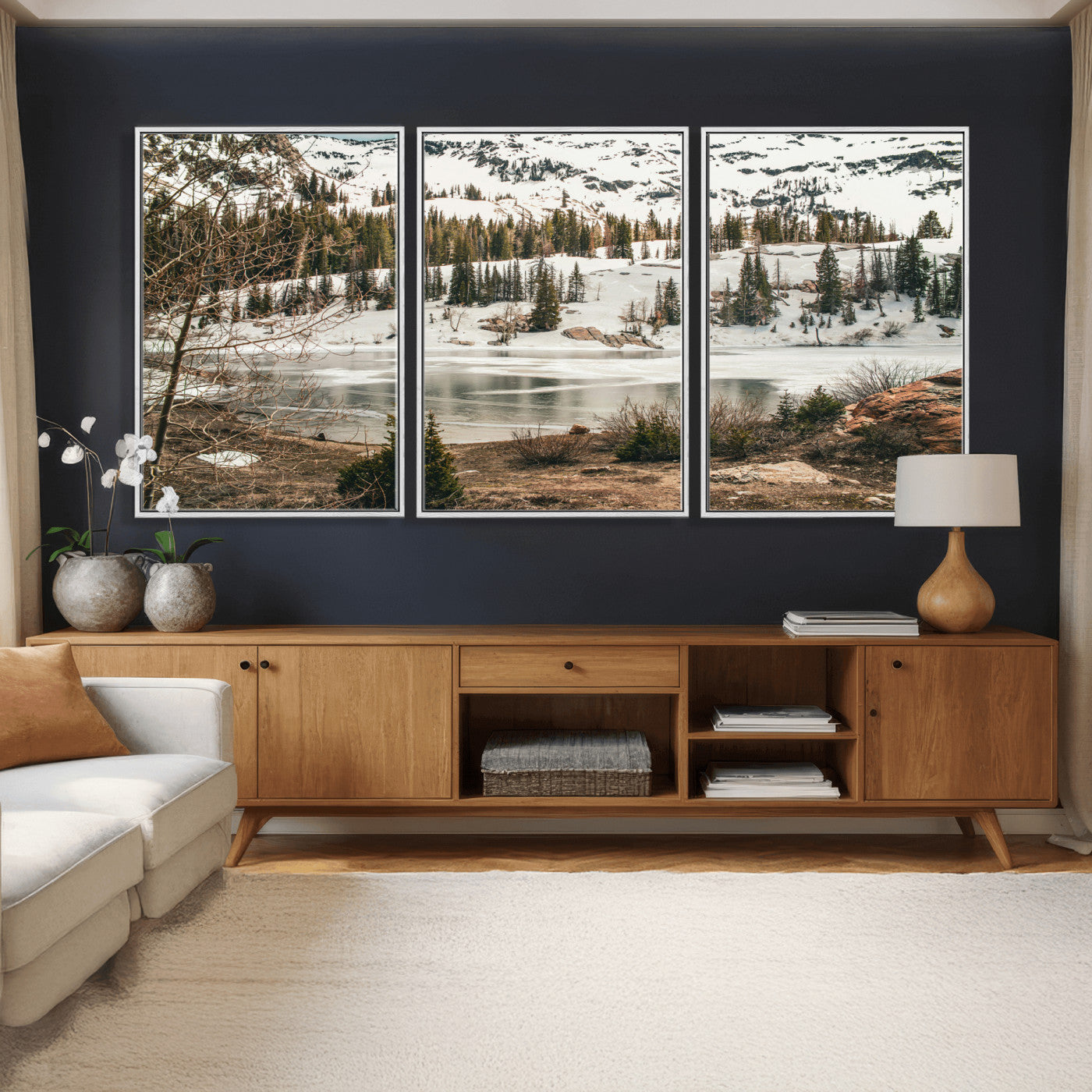 10336249-MGV-CV-36X24 - Snowy Mountain Landscape Wall Art Canvas Print, Alpine Pine Forest Winter Nature Wall Decor for Living Room and Office