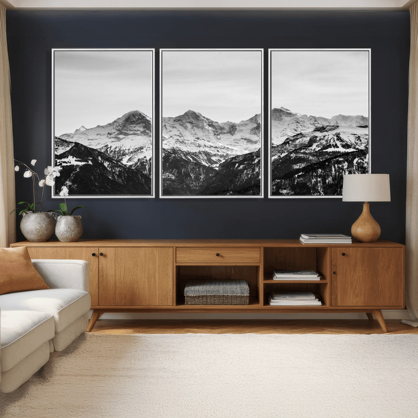 85684934-MGV-CV-36X24 - Black and White Mountain Wall Art Canvas Print, Snowy Alpine Peaks Landscape Photography, Minimal Monochrome Mountain Art, Scenic Nature Wall Decor