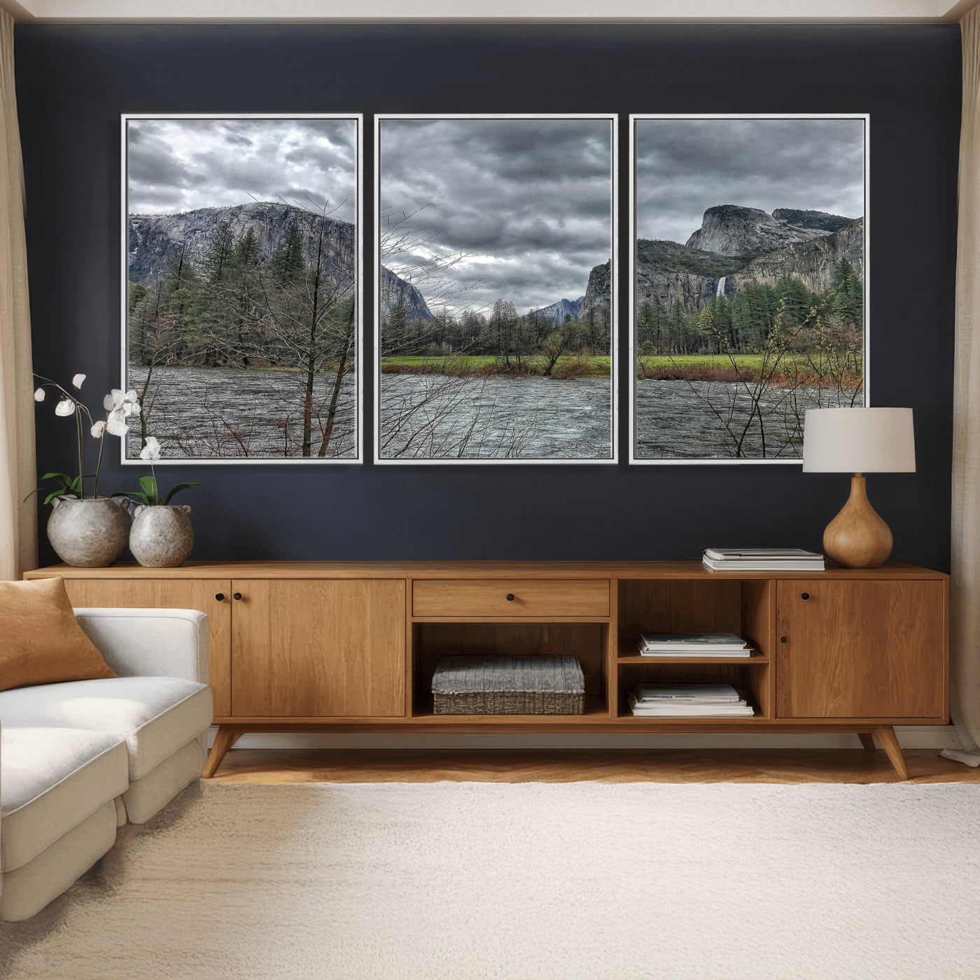 75582552-MGV-CV-36X24 - Yosemite Valley River Landscape Wall Art Canvas Print, Granite Cliffs Forest River Canvas Print, California National Park Moody Scenic Art Printi