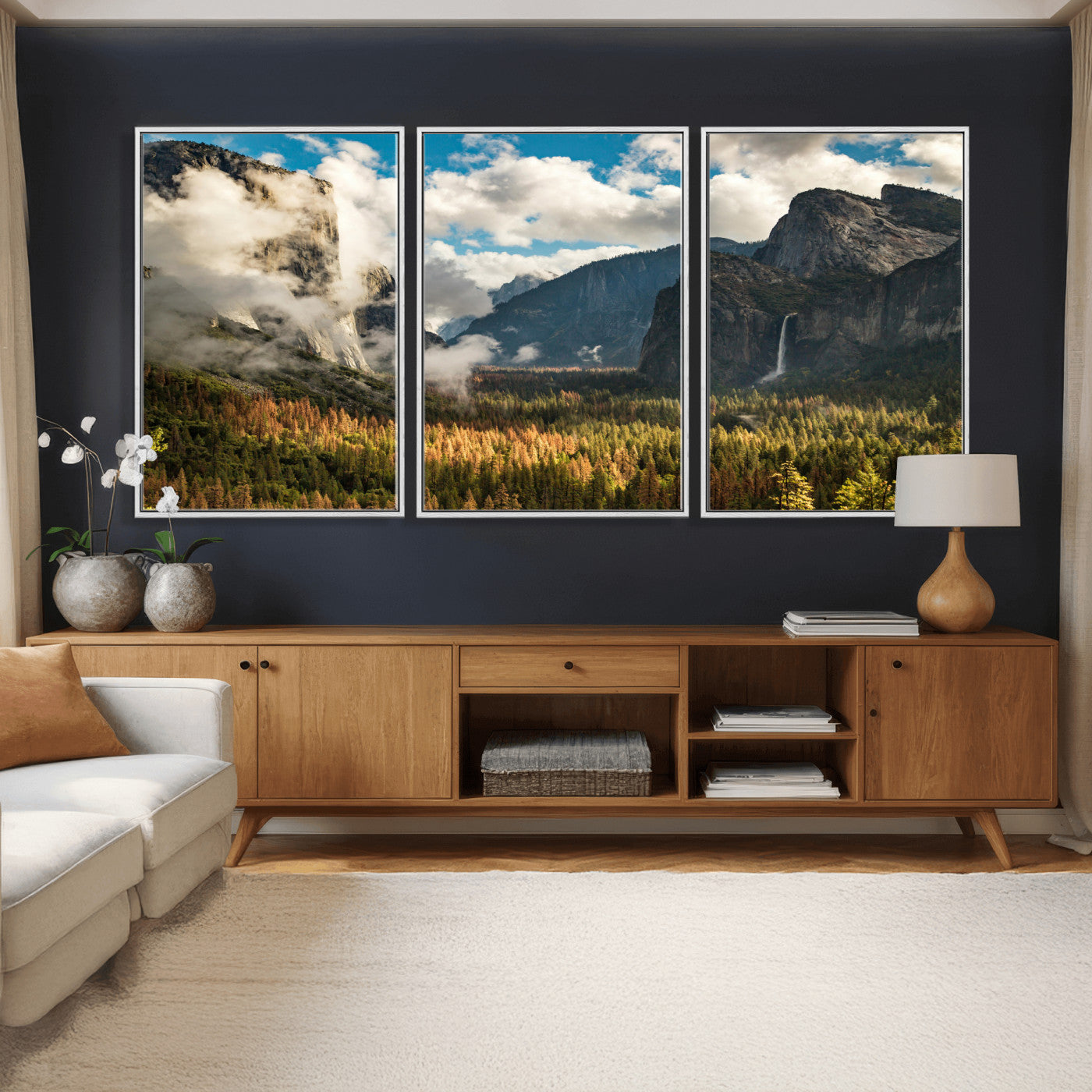 18271001-MGV-CV-36X24 - Yosemite Valley River Landscape Wall Art Canvas Print, Granite Cliffs Forest River Canvas Print, California National Park Moody Scenic Art Printi