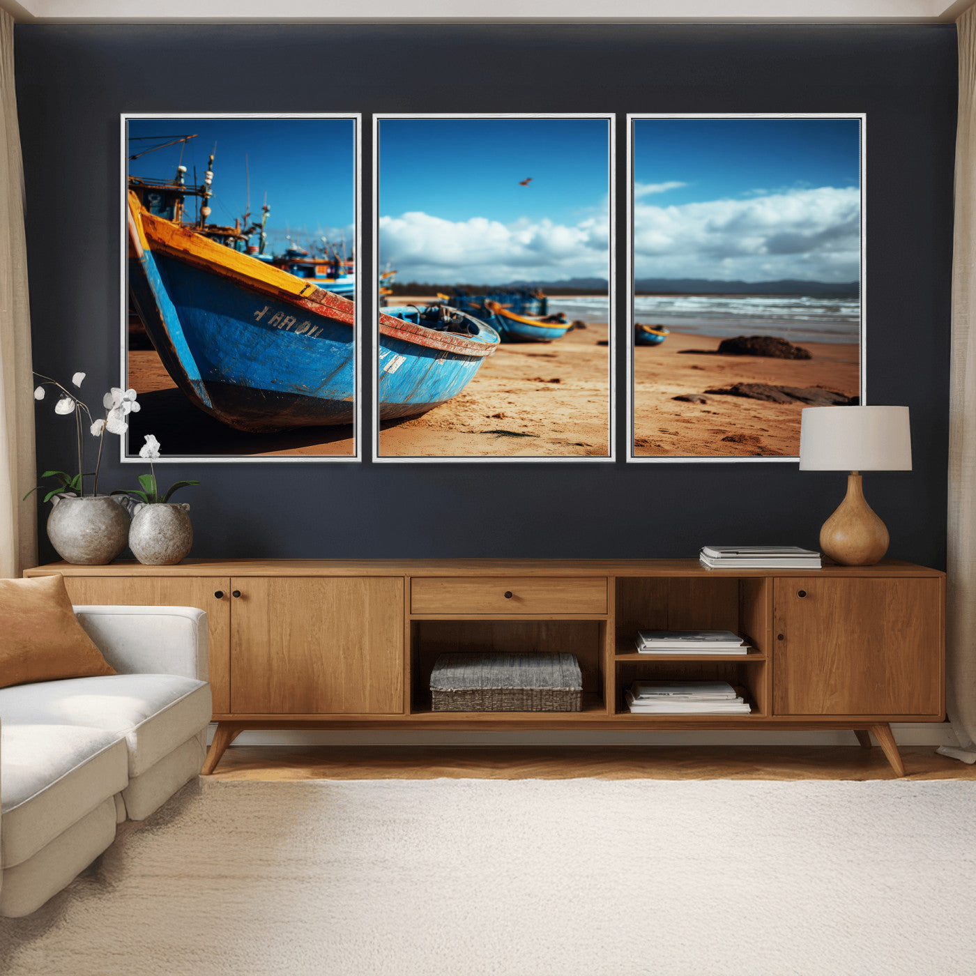 70925201-MGV-CV-36X24 - Fishing Boats Wall Art Canvas Print, Coastal Boat Beach Scene, Nautical Seaside Artwork, Ocean Shore Decor, Coastal Home Wall Art
