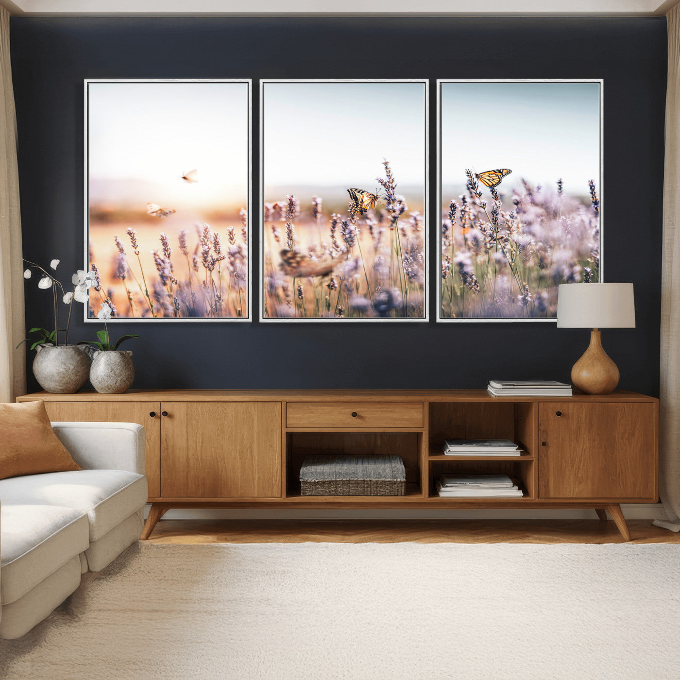 46417478-MGV-CV-36X24 - Lavender Field Wall Art Canvas Print, Butterfly Floral Landscape Art, Soft Nature Wall Decor for Bedroom