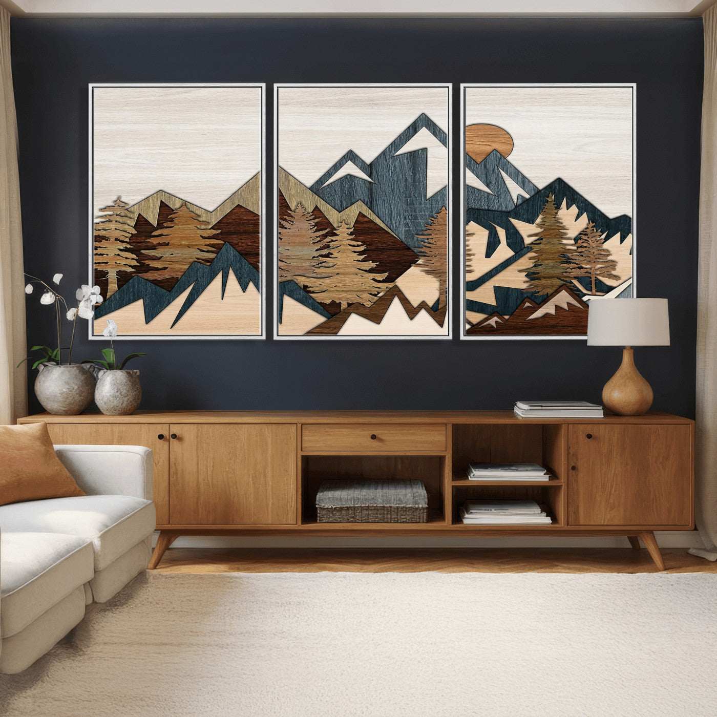 61833055-MGV-CV-36X24 - Mountain Forest Wall Art Canvas Print, Layered Wood Landscape Artwork, Rustic Nature Wall Decor for Living Room