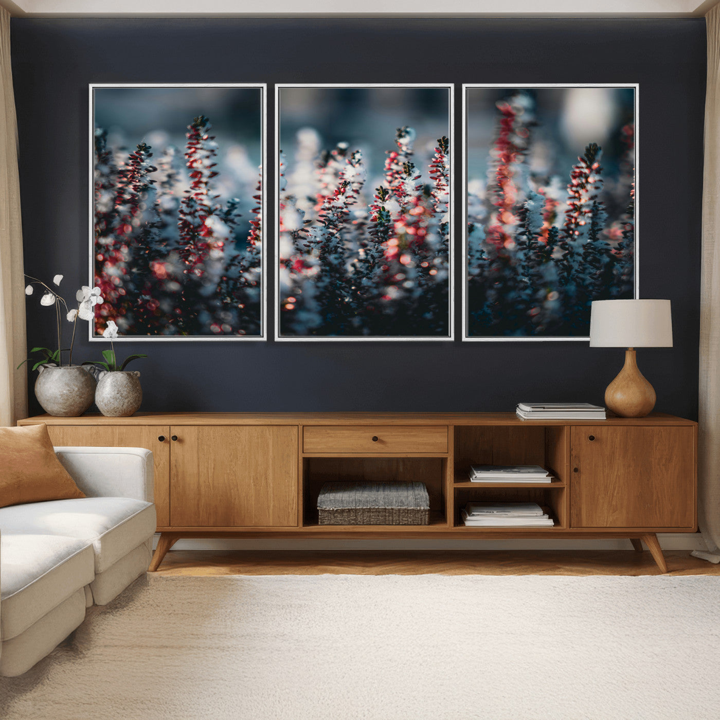 82063935-MGV-CV-36X24 - Winter Heather Wall Art Canvas Print, Frosted Floral Nature Art, Moody Botanical Wall Decor