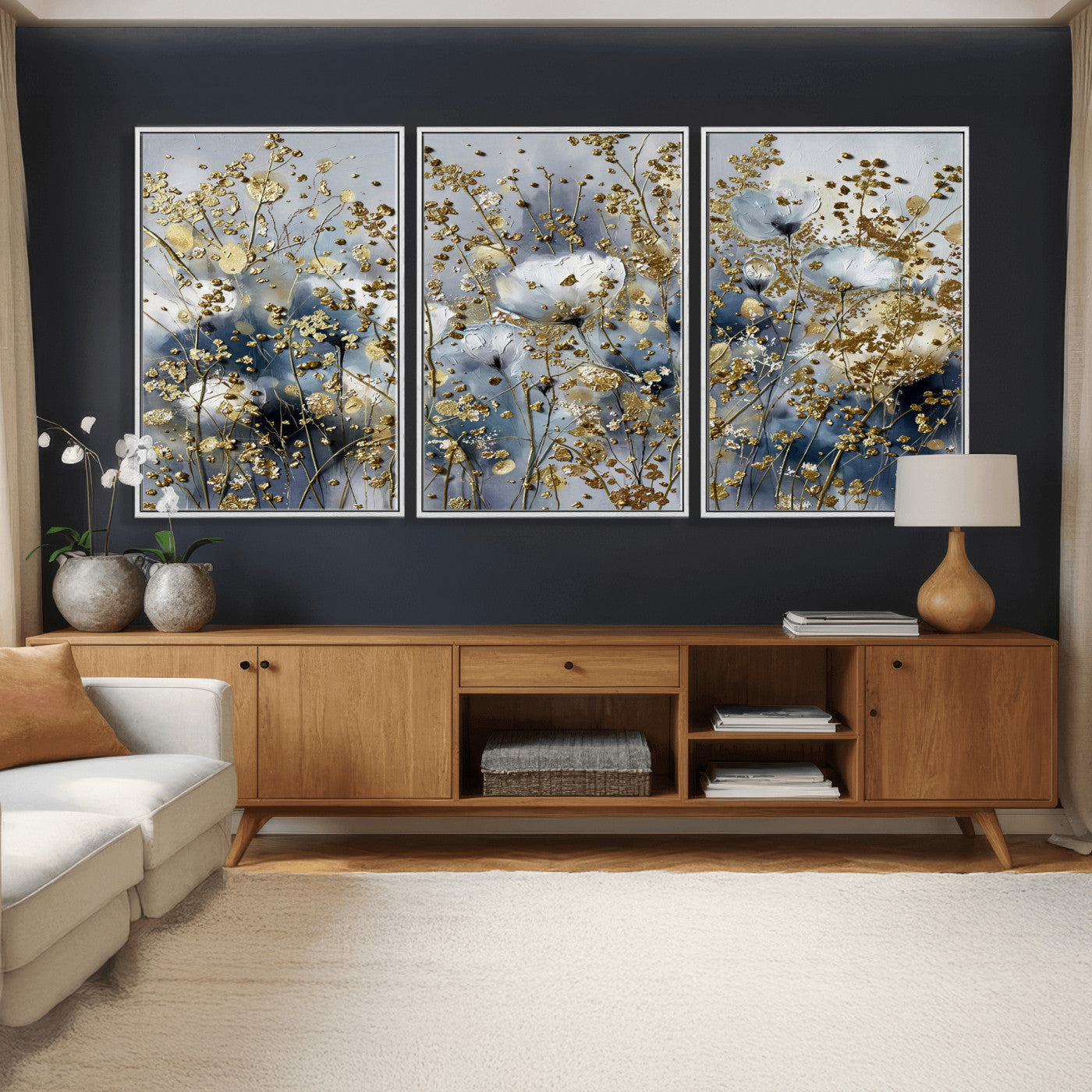 24499670-MGV-CV-36X24 - Abstract Floral Wall Art Canvas Print – Gold and Blue Botanical Artwork for Living Room, Bedroom, and Office Decor