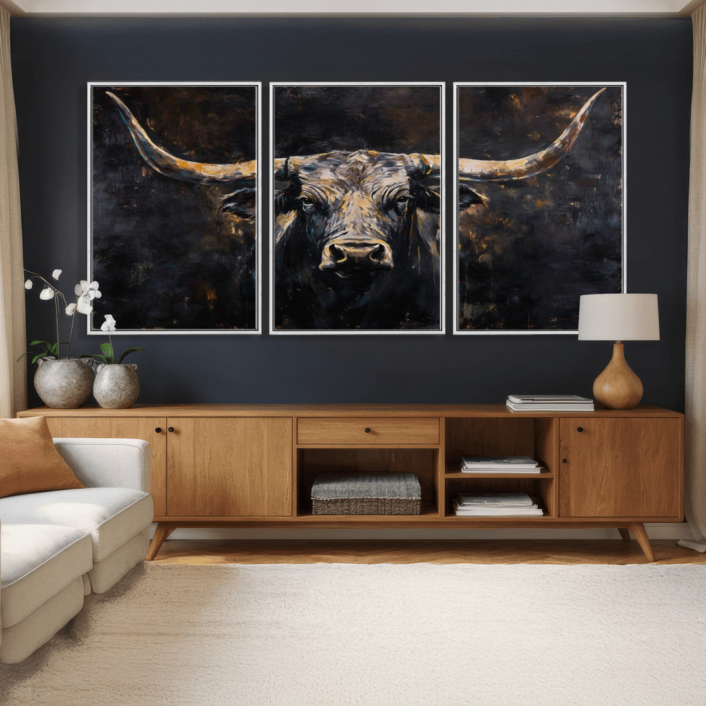 17622011-MGV-CV-36X24 - Abstract Longhorn Bull Wall Art Canvas Print – Dark Rustic Western Cattle Artwork for Farmhouse, Ranch, Cabin, and Office Decor