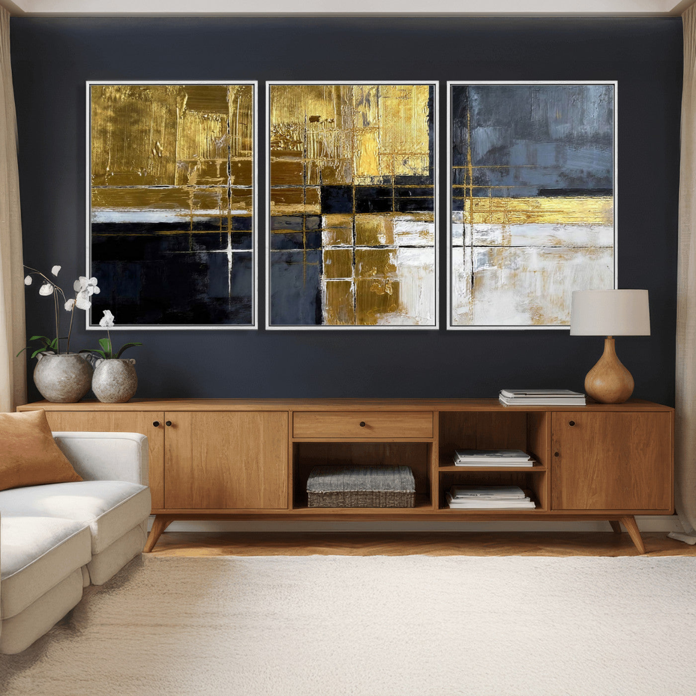 76917030-MGV-CV-36X24 - Gold Navy Abstract Wall Art Canvas Print, Modern Luxury Geometric Painting Wall Decor for Living Room and Office