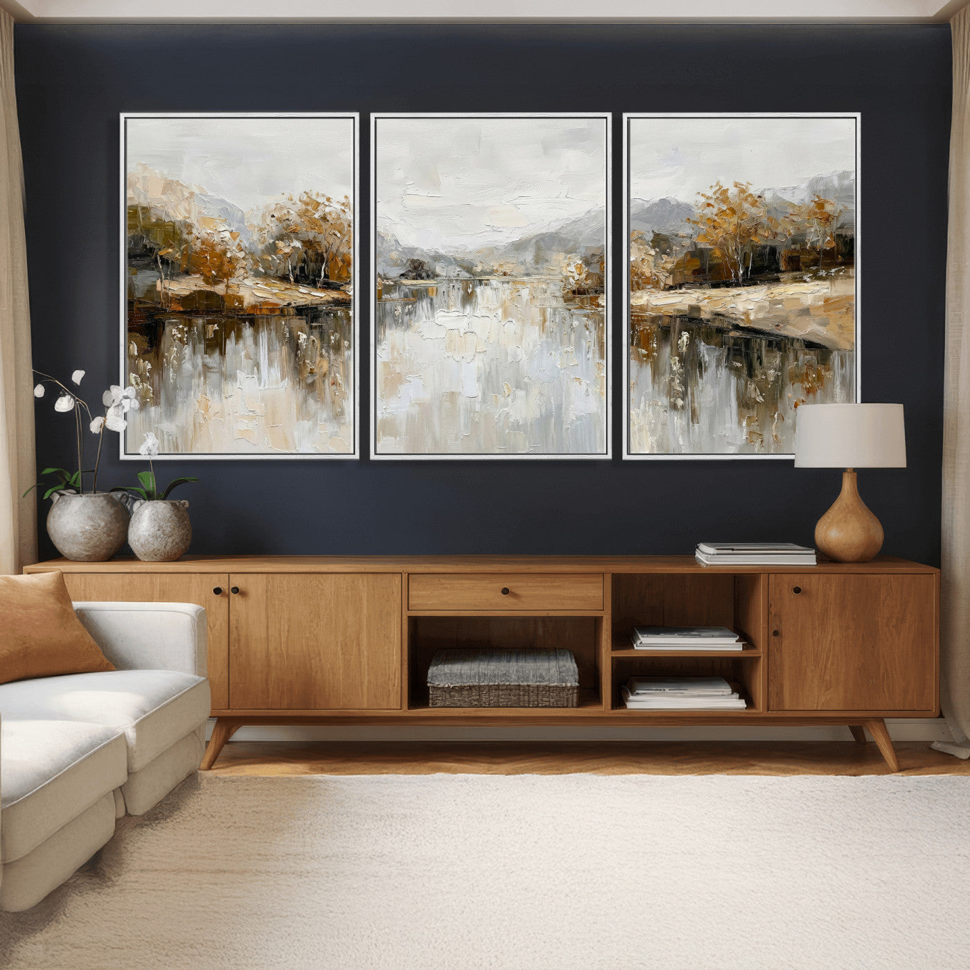 78227690-MGV-CV-36X24 - Neutral Abstract Lake Landscape Wall Art Canvas Print, Modern Minimal River Reflection Canvas Print, Beige Gray Contemporary Nature Art Printing