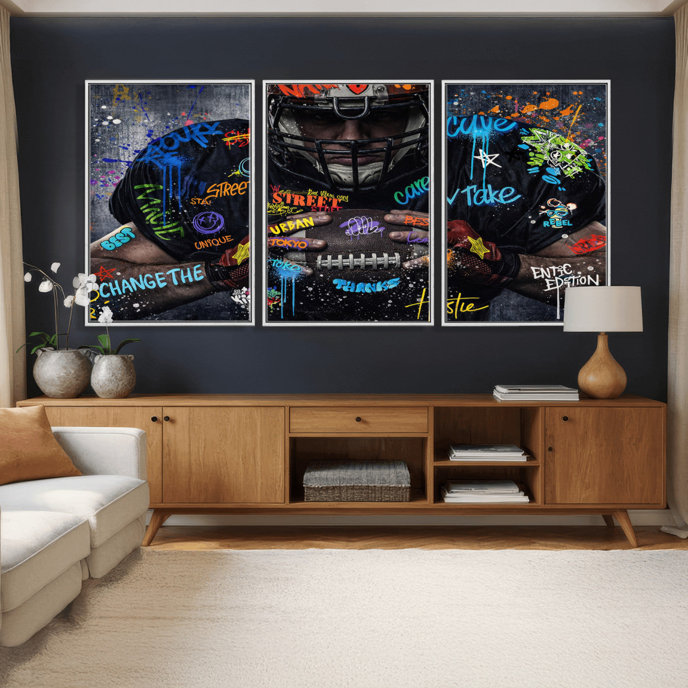 55267256-MGV-CV-36X24 - Graffiti American Football Player Street Art Wall Art Canvas Print, Urban Sports Pop Art Football Canvas Print, Modern Athletic Graffiti Contemporary Art Printing