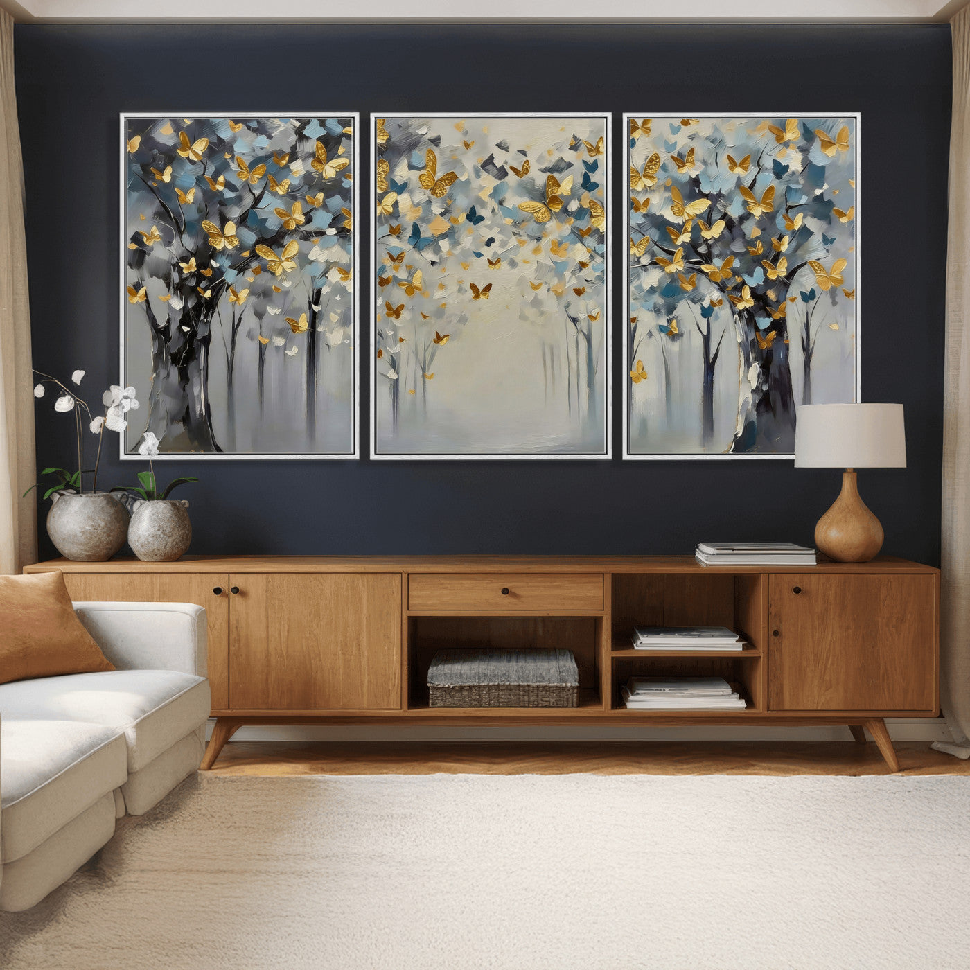 79208191-MGV-CV-36X24 - Golden Butterfly Tree Abstract Wall Art Canvas Print, Modern Elegant Nature Painting Canvas Print, Blue Gold Contemporary Floral Art Printing