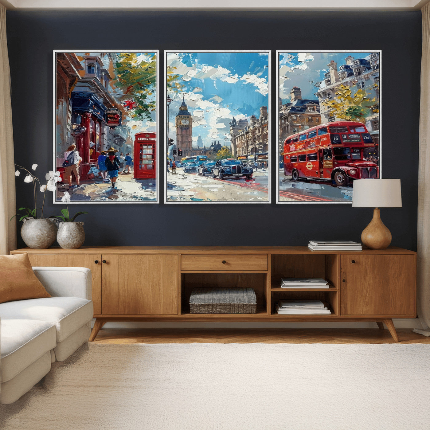 17630888-MGV-CV-36X24 - Modern London City Street Wall Art Canvas Print, Big Ben & Red Bus Artwork Canvas Print