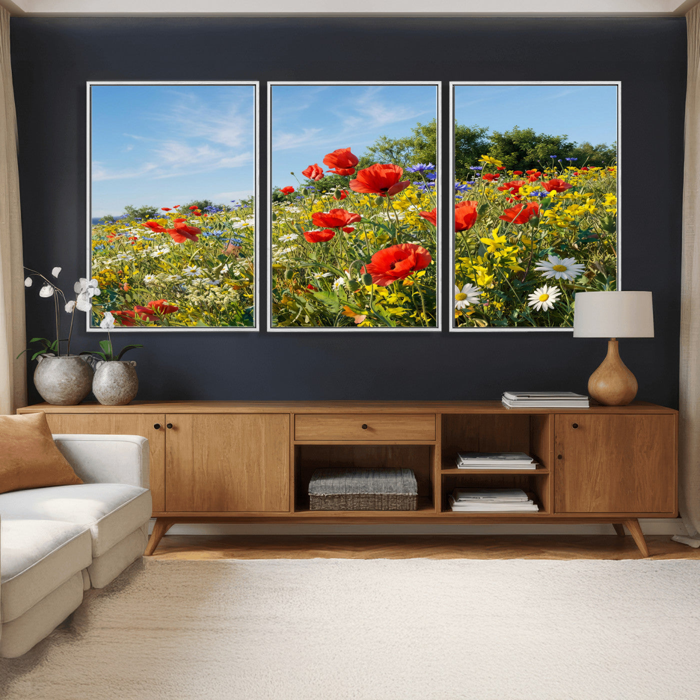 38570784-MGV-CV-36X24 - Wildflower Meadow Wall Art Canvas Print – Colorful Poppy and Daisy Field Landscape Artwork for Living Room Decor