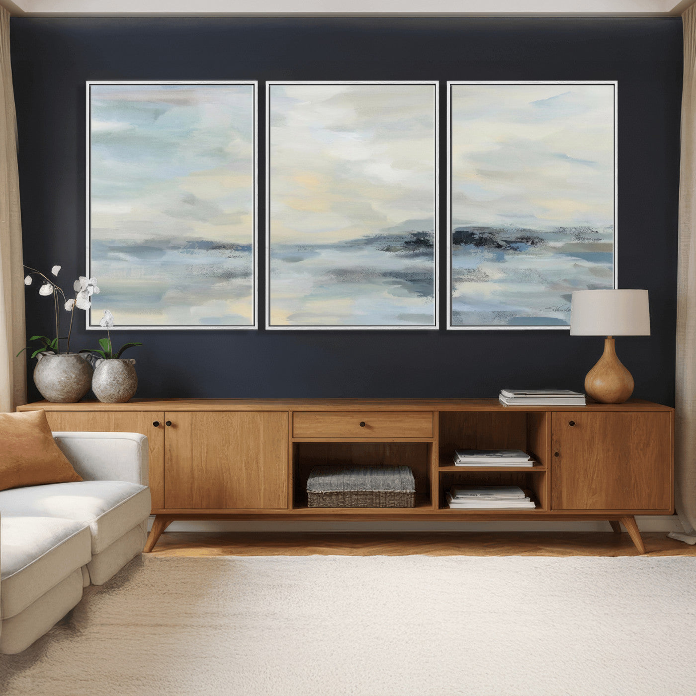 24647355-MGV-CV-36X24 - Abstract Coastal Landscape Wall Art Canvas Print – Soft Blue Gray Minimalist Painting