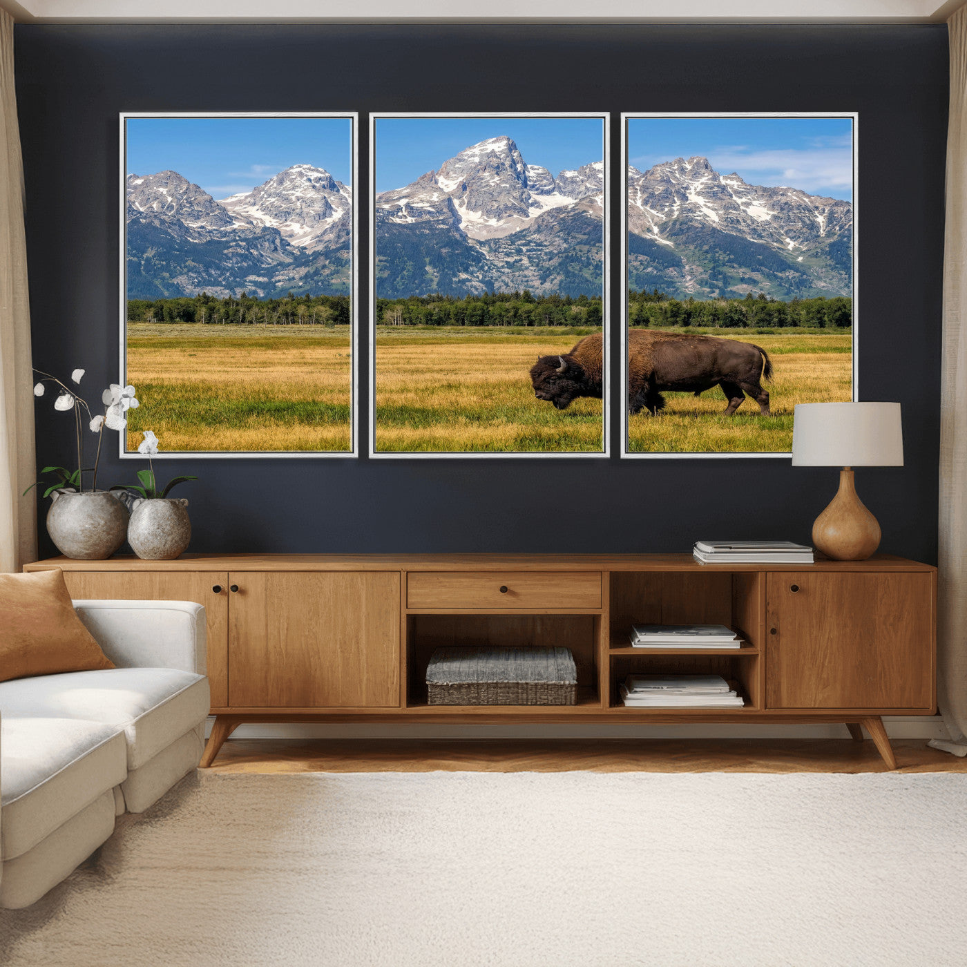20424529-MGV-CV-36X24 - Bison in Mountain Landscape Wall Art Canvas Print – Western Wildlife Artwork for Rustic Living Room Decor