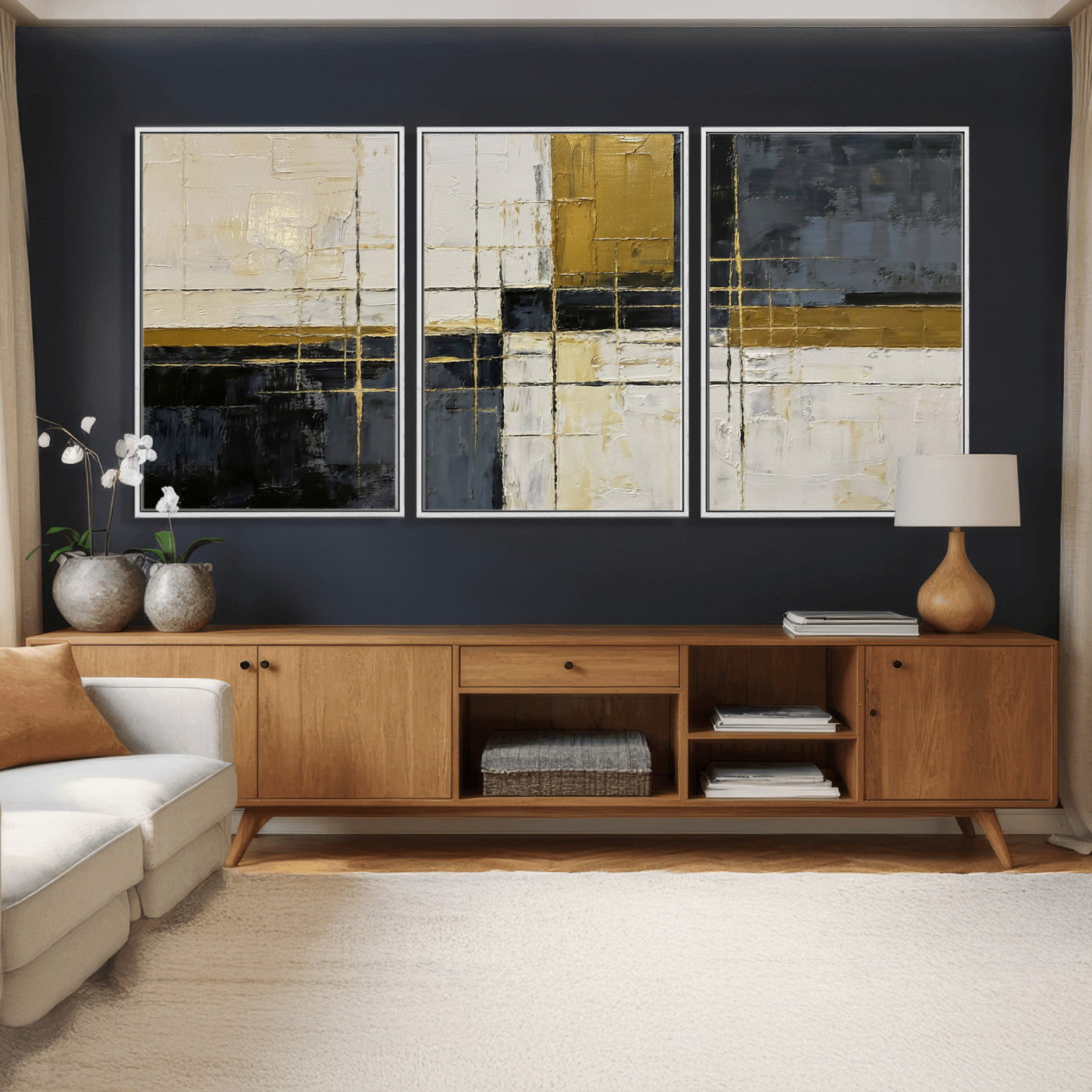 36097945-MGV-CV-36X24 - Abstract Gold and Black Wall Art Canvas Print – Modern Geometric Neutral Artwork for Living Room Decor