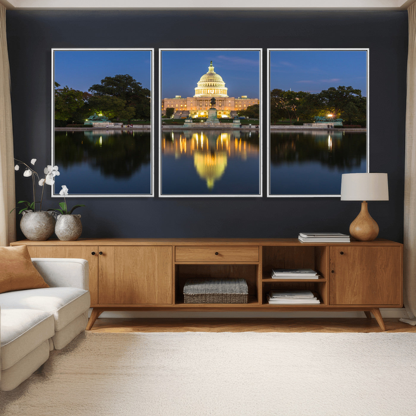 95568590-MGV-CV-36X24 - US Capitol Building Wall Art Canvas Print – Washington DC Landmark Night Reflection Artwork for Office Decor